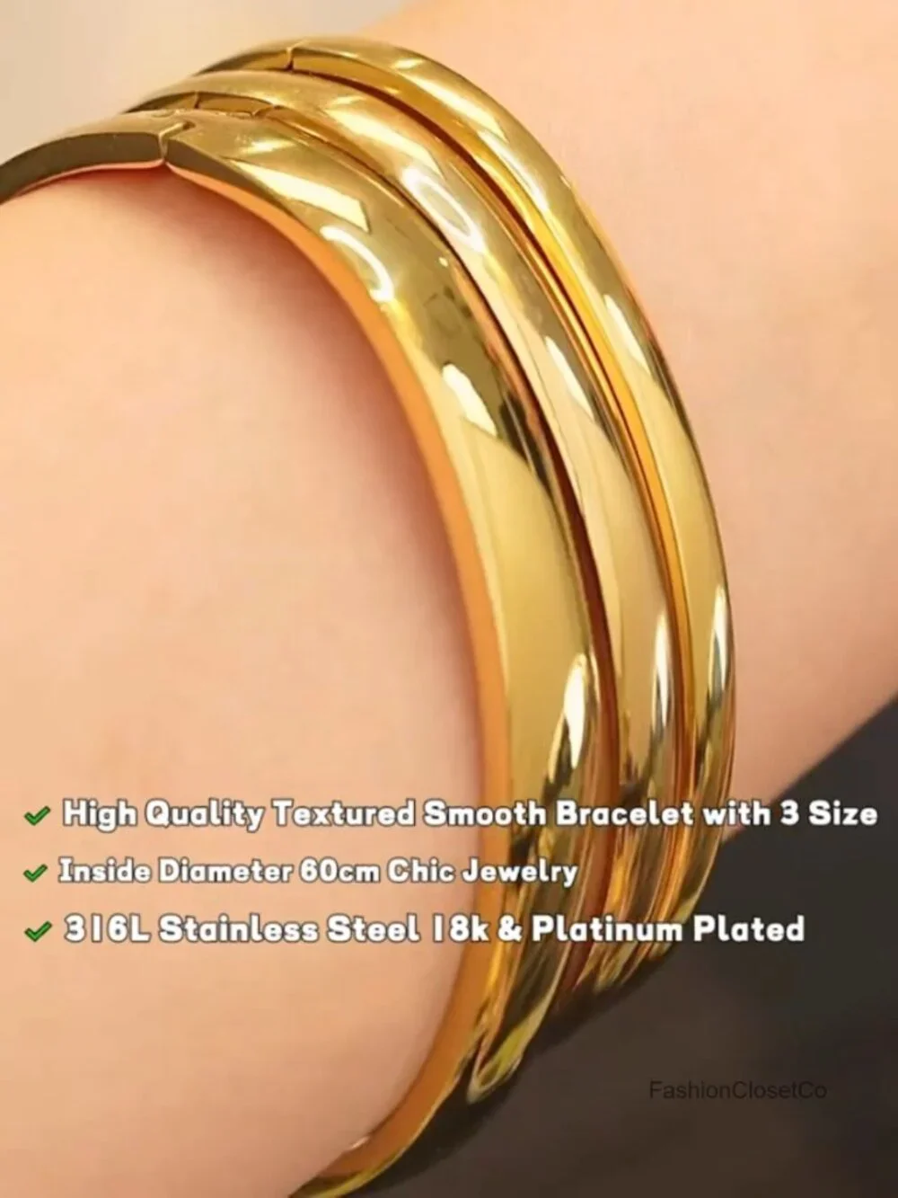 18K Gold/Silver Plated Stainless Steel Waterproof Bangle Bracelets for Small
